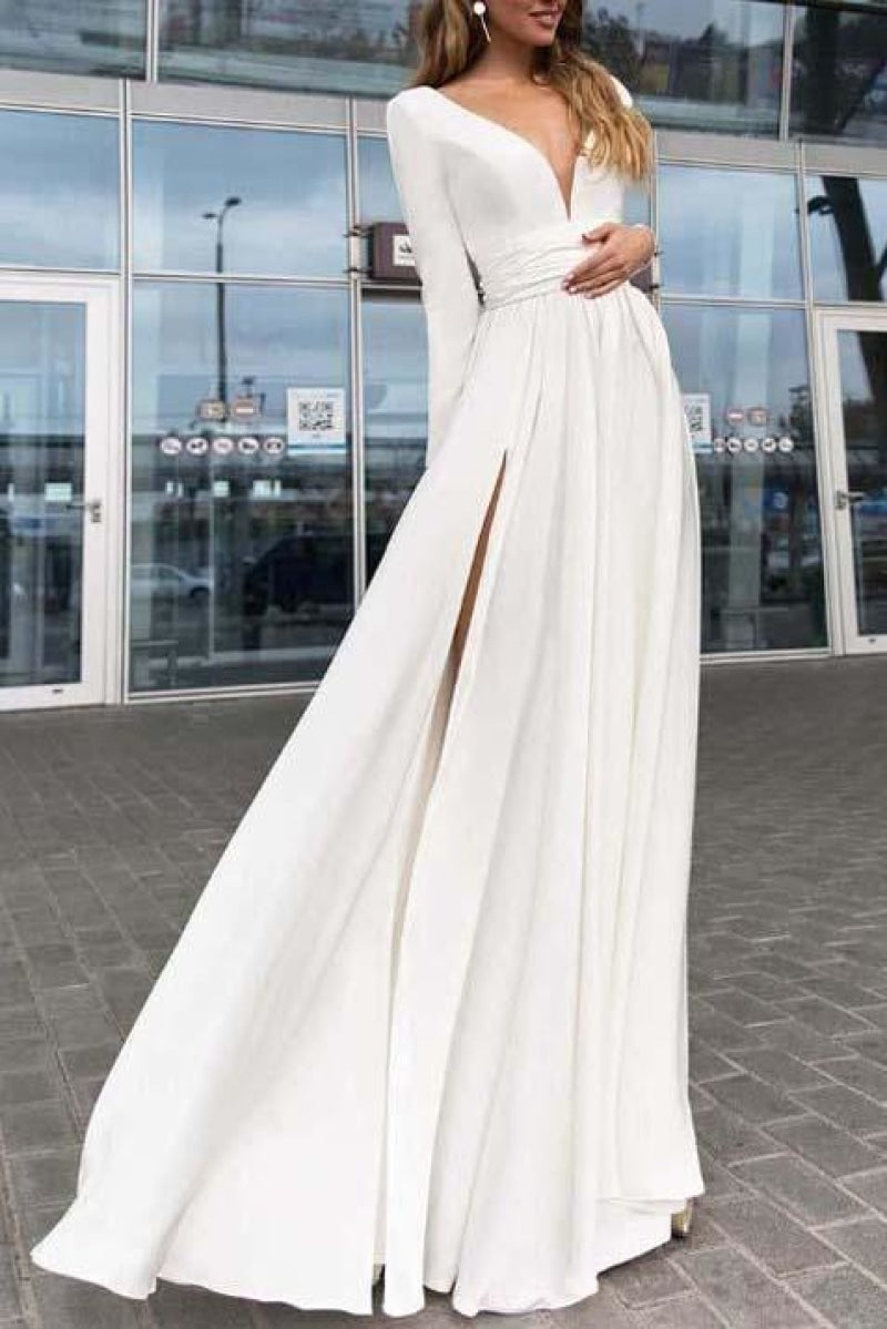 Elegant White Long Sleeves Slit V-Neck ...